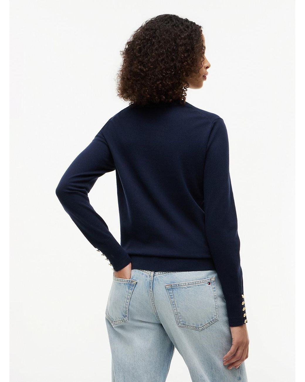 Tommy Hilfiger Blue Tone Button Cuff V-Neck Jumper