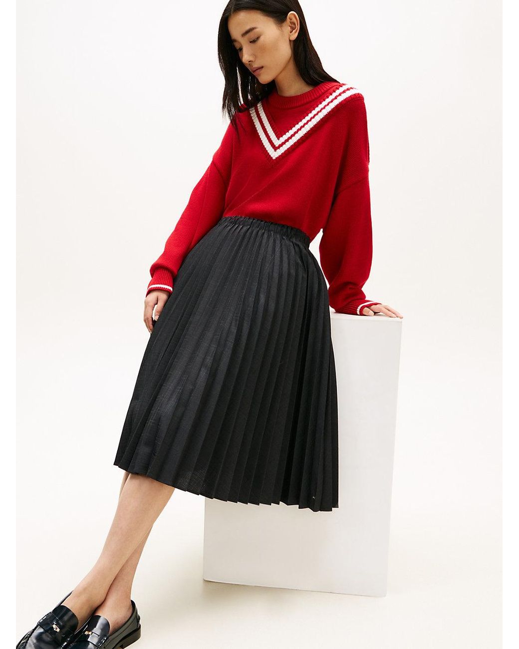 Tommy Hilfiger Red Pleated Check Wool Blend Midi Skirt