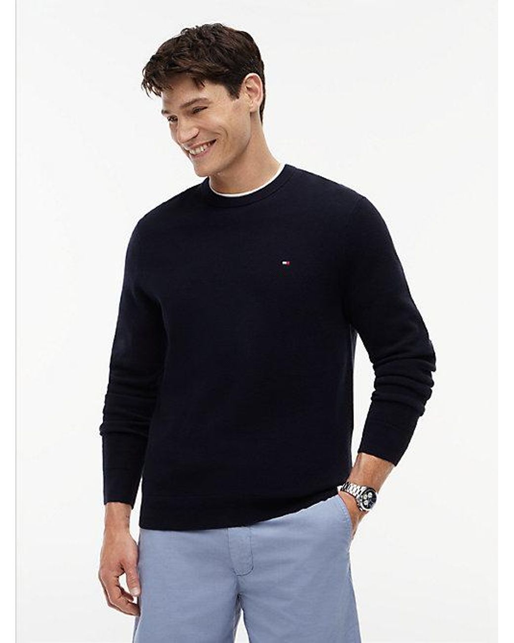 Tommy Hilfiger Blue Flag Embroidery Crew Neck Jumper for men