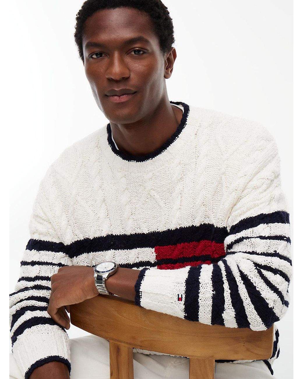 Tommy Hilfiger White Cable Knit Breton Stripe Flag Jumper for men