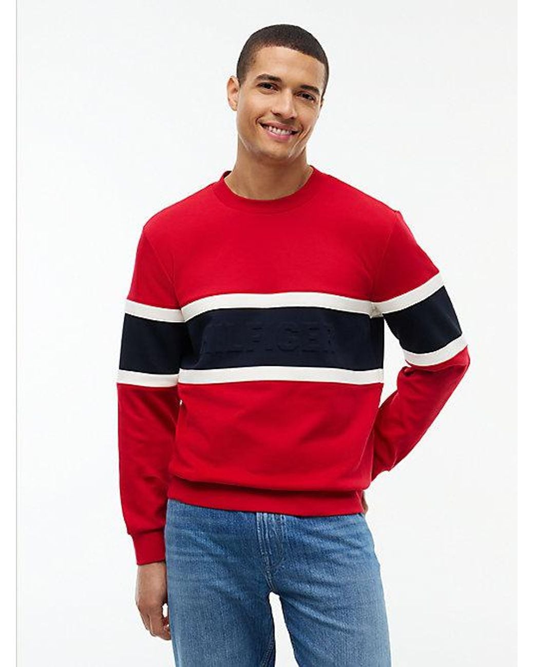 Tommy Hilfiger Red Colour Blocked Intecho Knit Sweatshirt for men