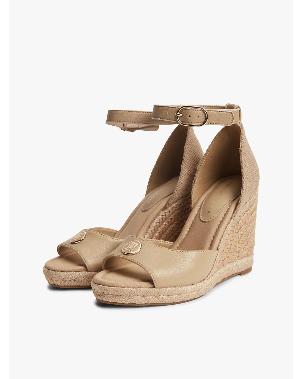 Tommy Hilfiger Natural Logo Plaque Leather Wedge Heel Espadrilles