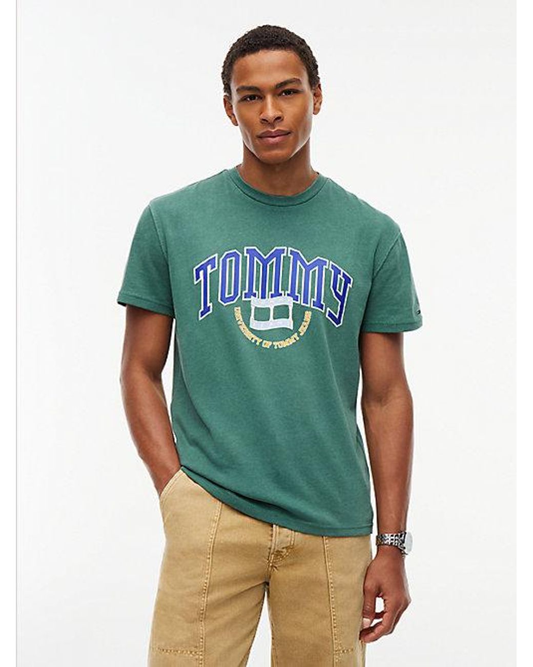 Tommy Hilfiger Green Tommy Jeans Varsity Logo Jersey T-Shirt for men