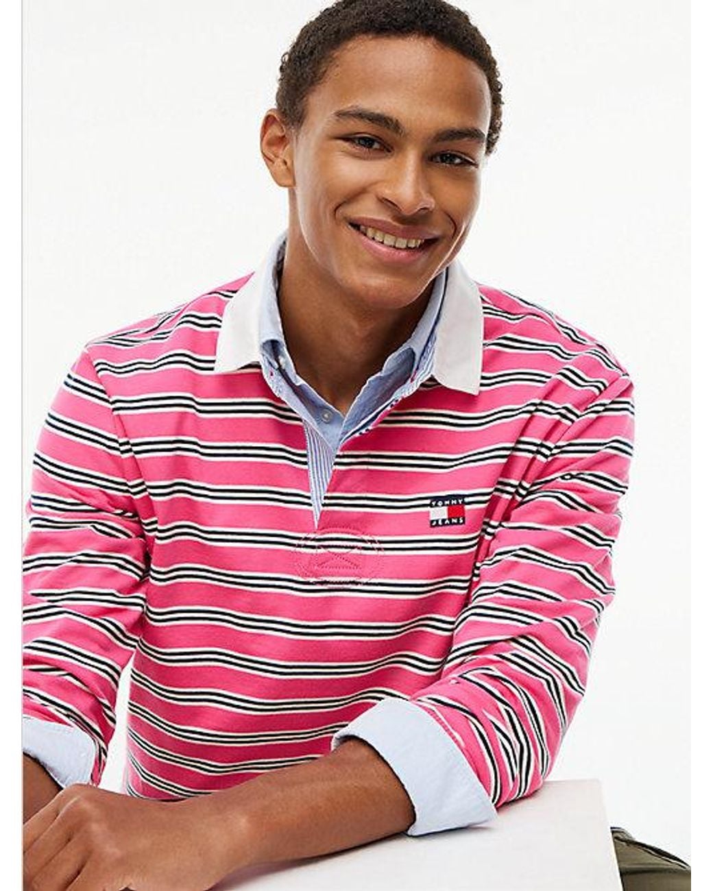 Tommy Hilfiger Pink Tommy Badge Stripe Relaxed Rugby Shirt for men