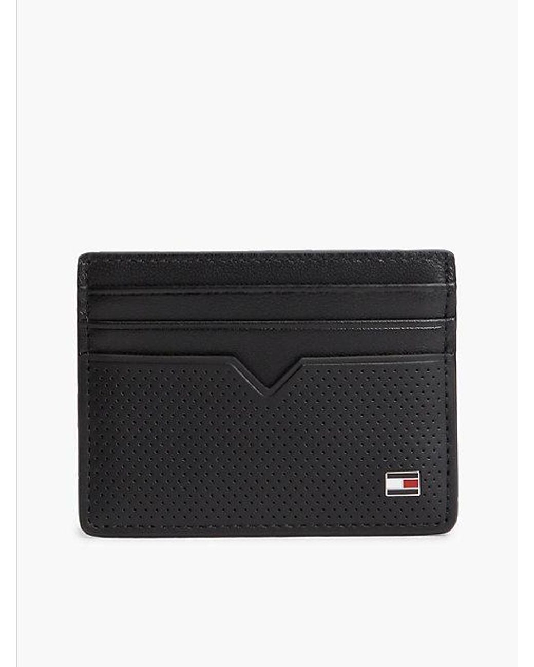 Tommy Hilfiger Black Perforated Leather Enamel Flag Card Holder for men