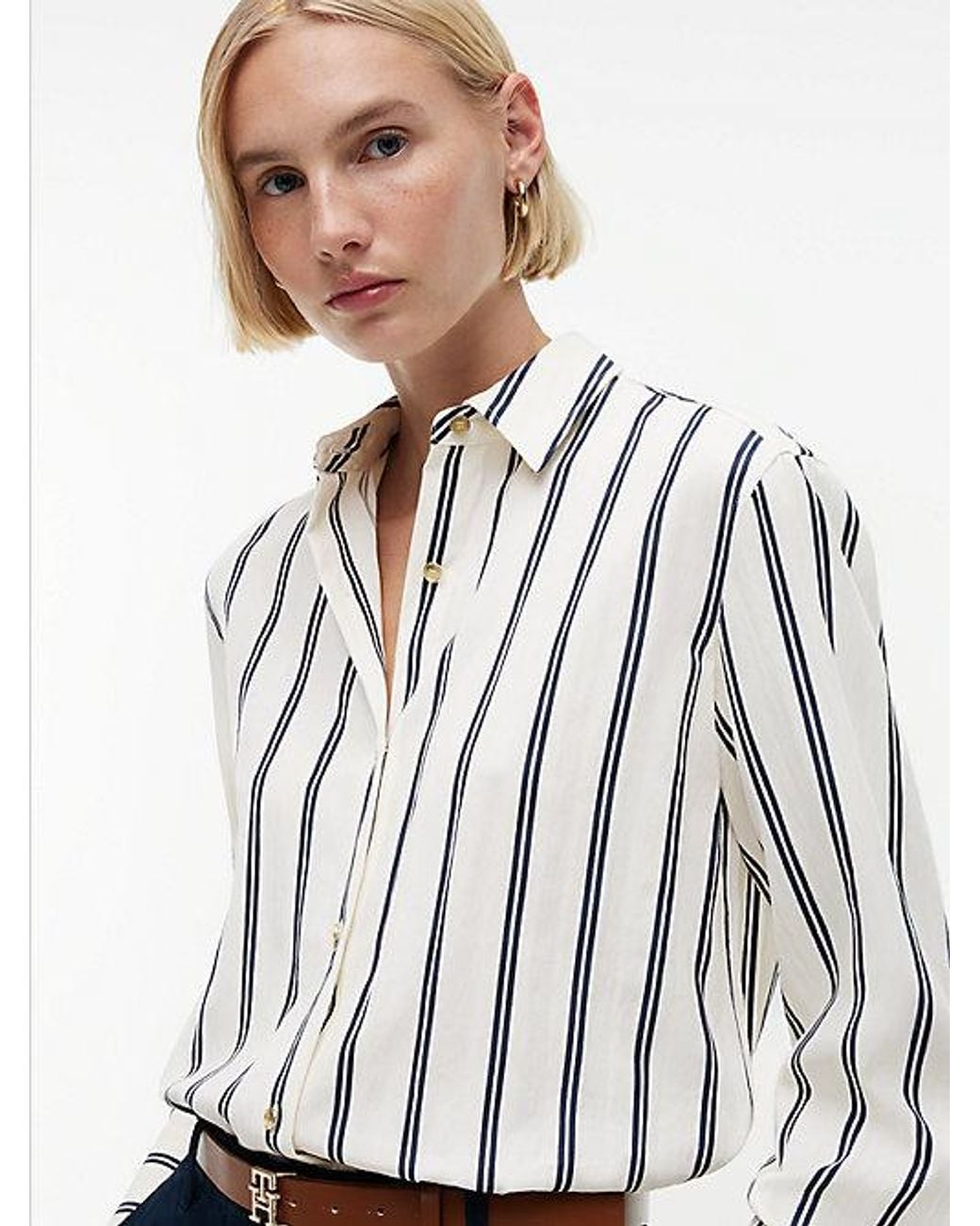 Tommy Hilfiger White Relaxed Fit-Tone Button Stripe Shirt
