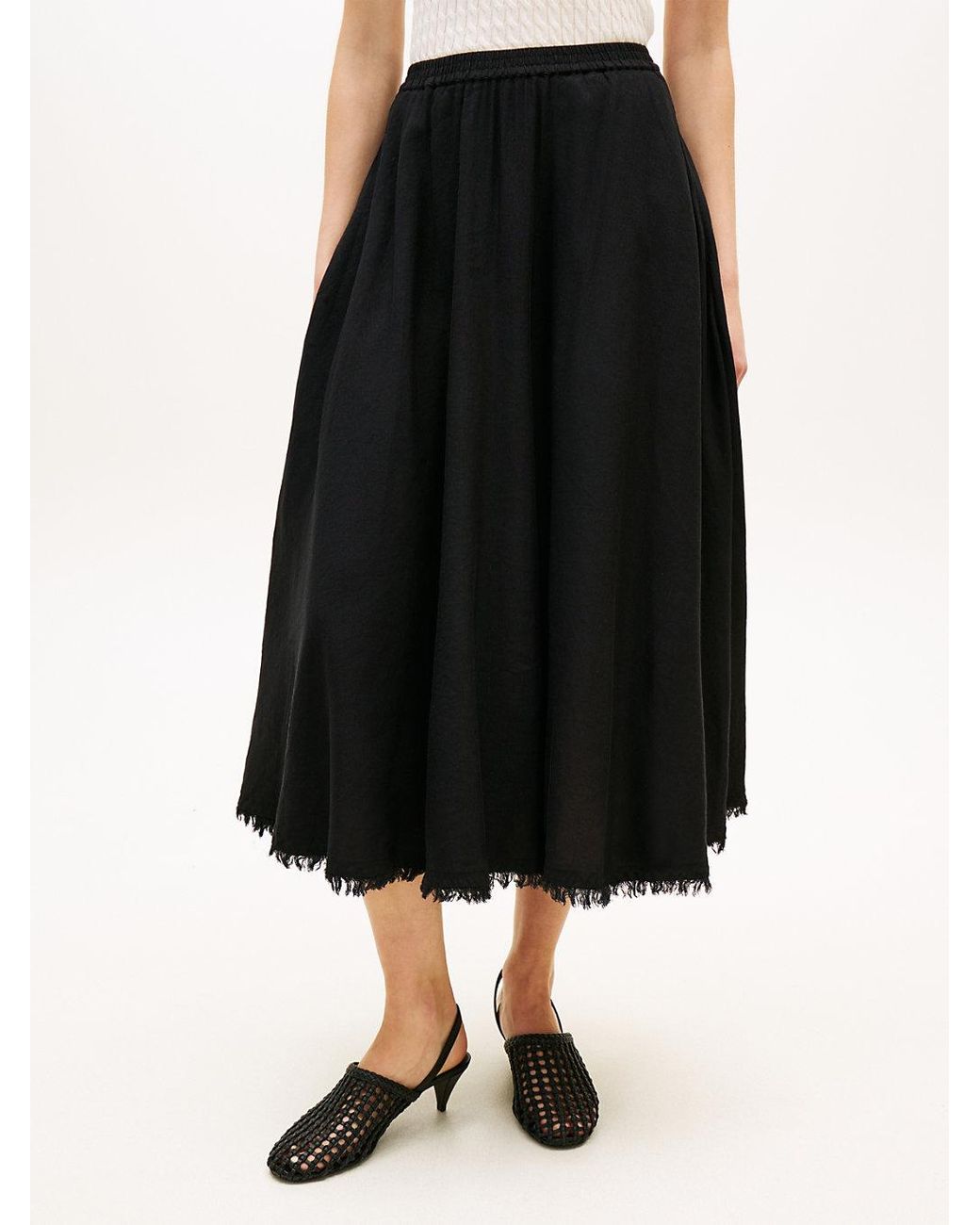 Tommy Hilfiger White Pleated Linen Blend Midi A-Line Skirt