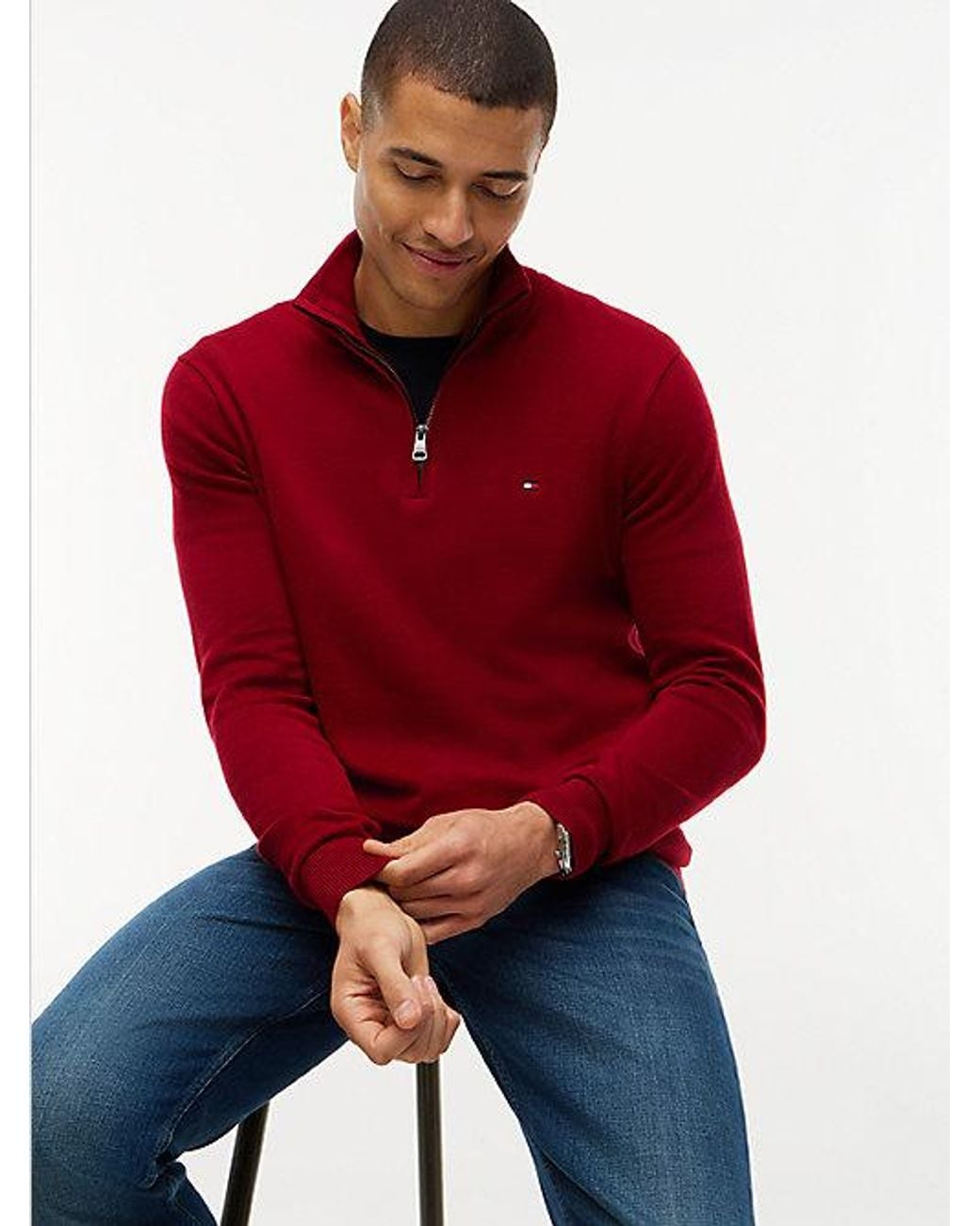 Tommy Hilfiger Red Mock Neck Quarter Zip Jumper With Cashmere for men