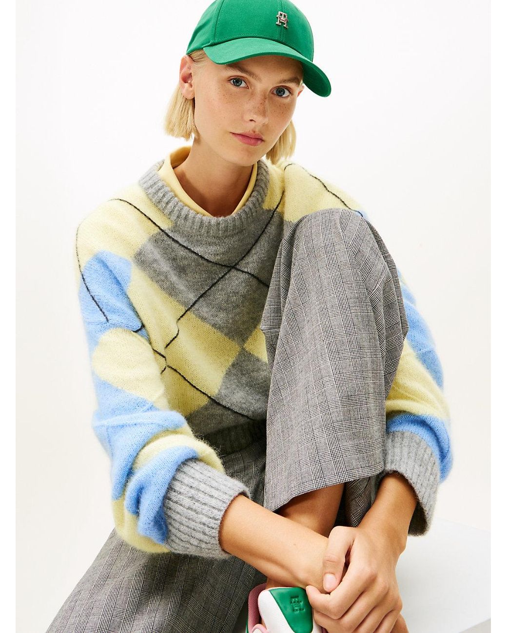 Tommy Hilfiger Gray Argyle Oversized Alpaca Blend Jumper