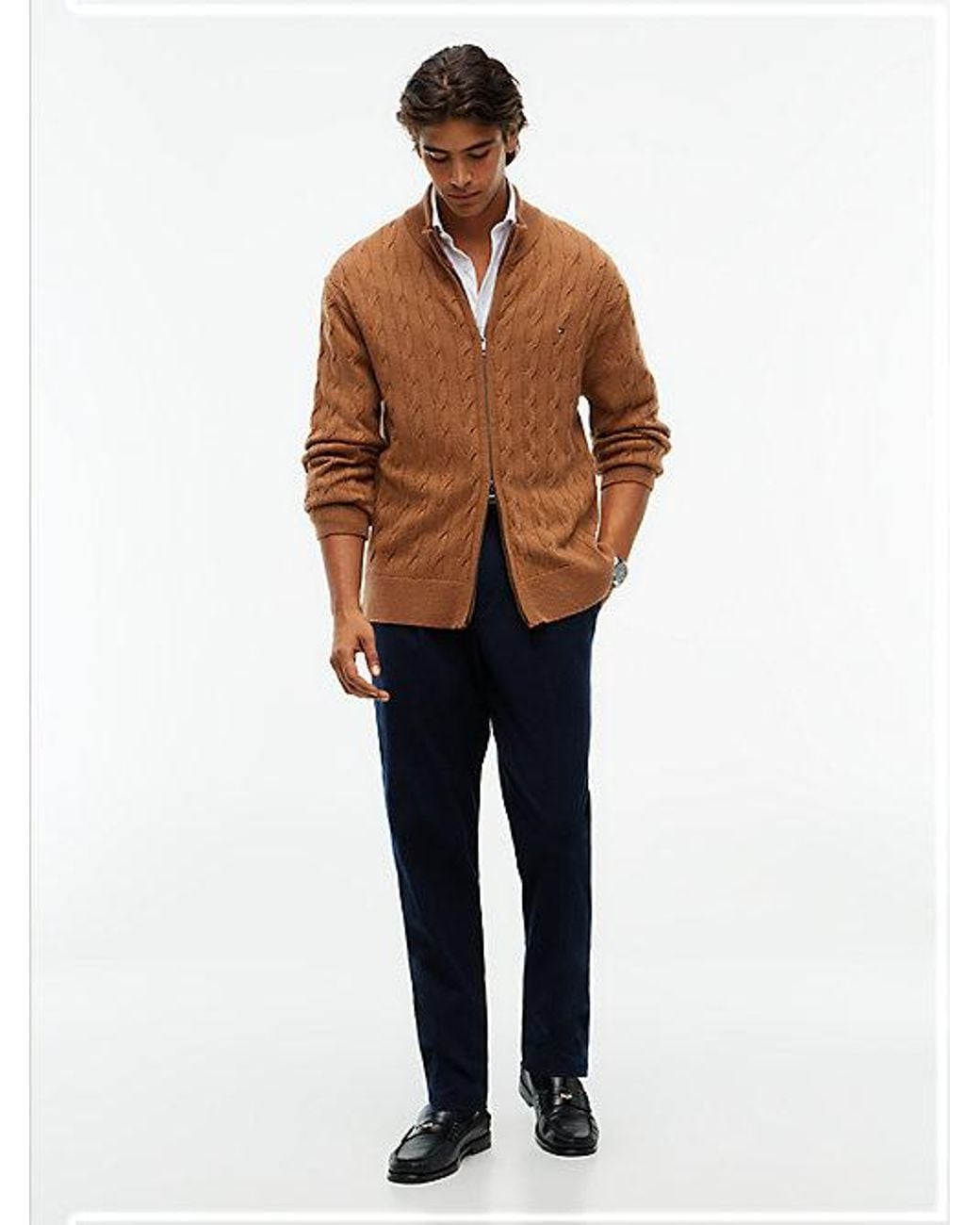 Tommy Hilfiger Brown Lambswool Zip Thru Cable Knit Jumper for men