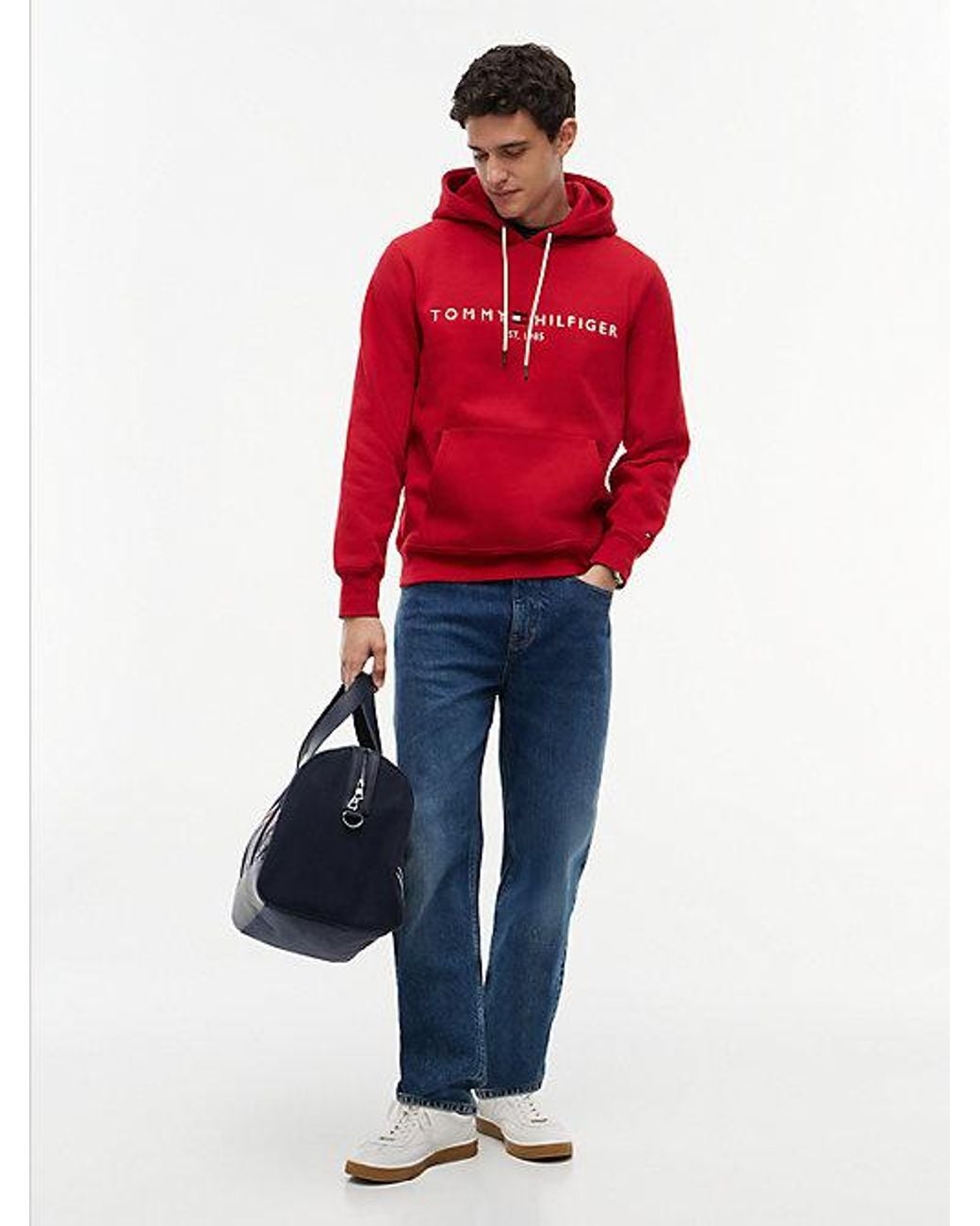 Tommy Hilfiger Red Logo Embroidery Fleece Drawstring Hoody for men