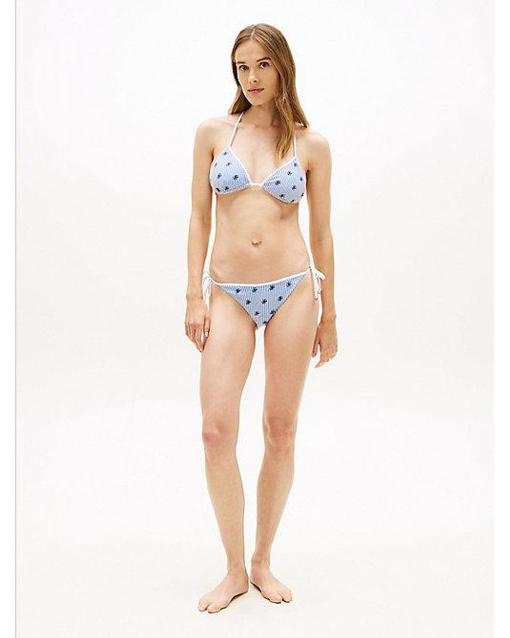 Tommy Hilfiger Blue Seersucker Logo Embroidery Triangle Bikini Top