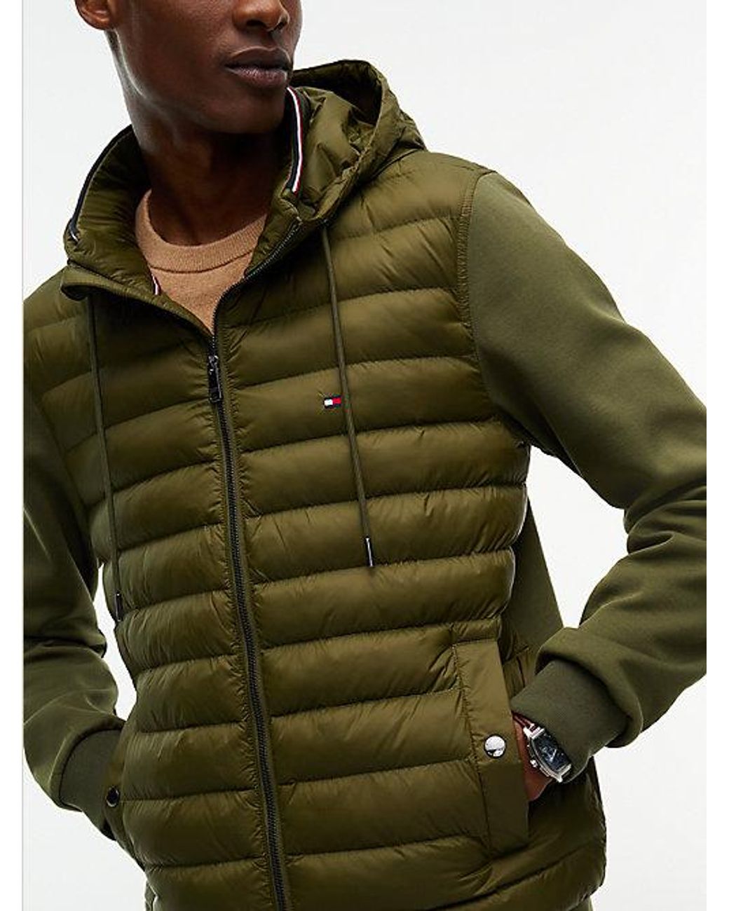 Tommy Hilfiger Green Mixed Texture Zip Thru Hooded Sweatshirt for men