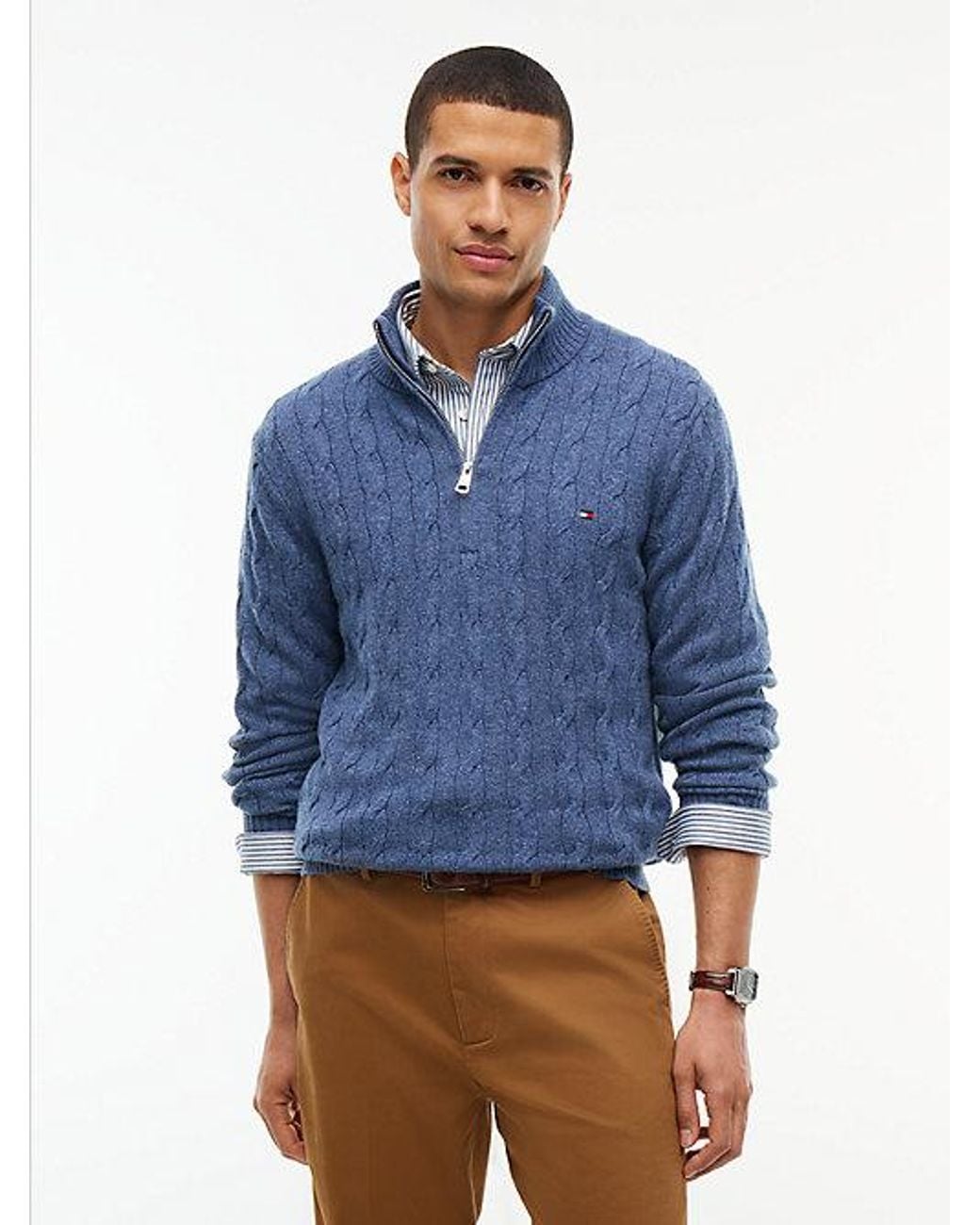 Tommy Hilfiger Blue Pure Lambswool Cable Knit Quarter Zip Jumper for men