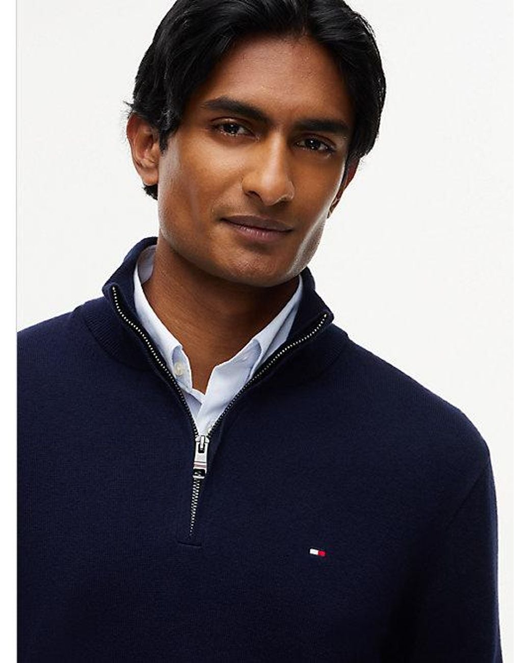 Tommy Hilfiger Blue Mock Neck Quarter Zip Jumper With Cashmere for men