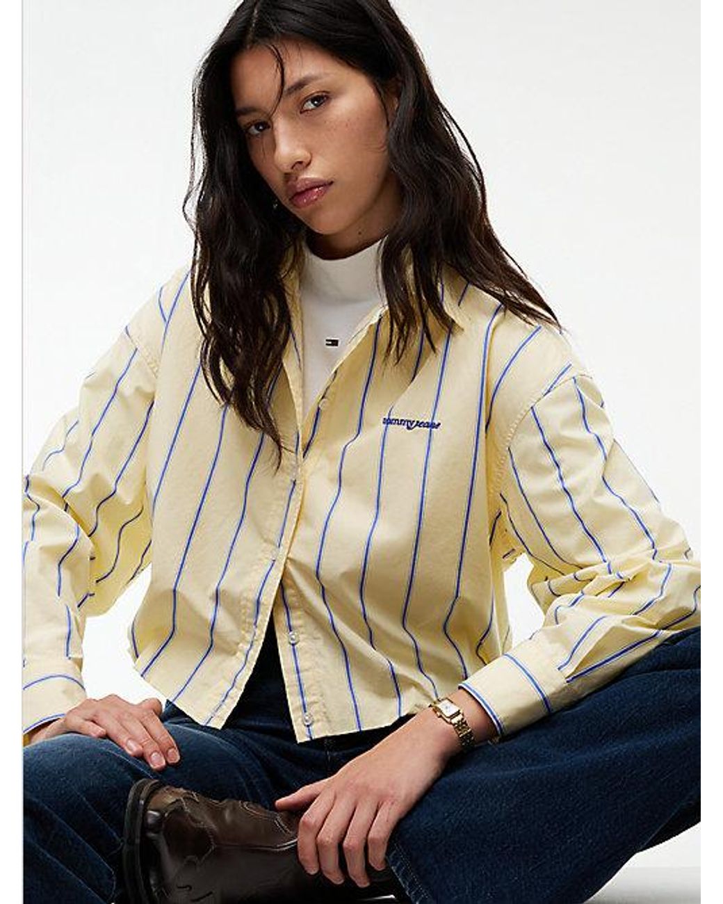 Tommy Hilfiger Natural Oversized Fit Cropped Gathered Poplin Shirt