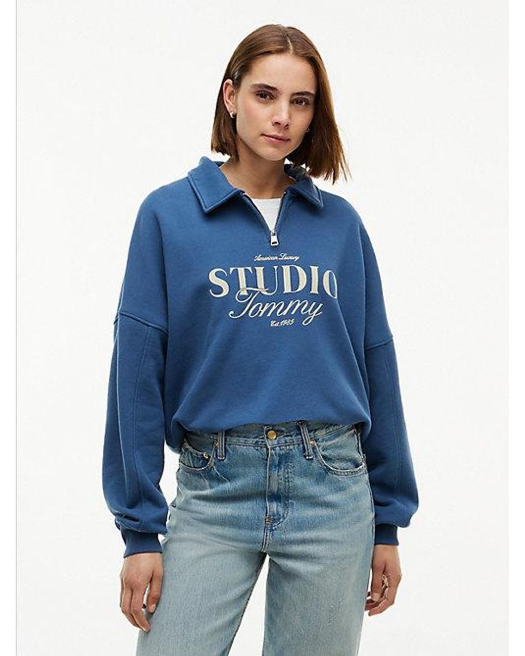 Tommy Hilfiger Blue Relaxed Quarter Zip Polo Collar Sweatshirt