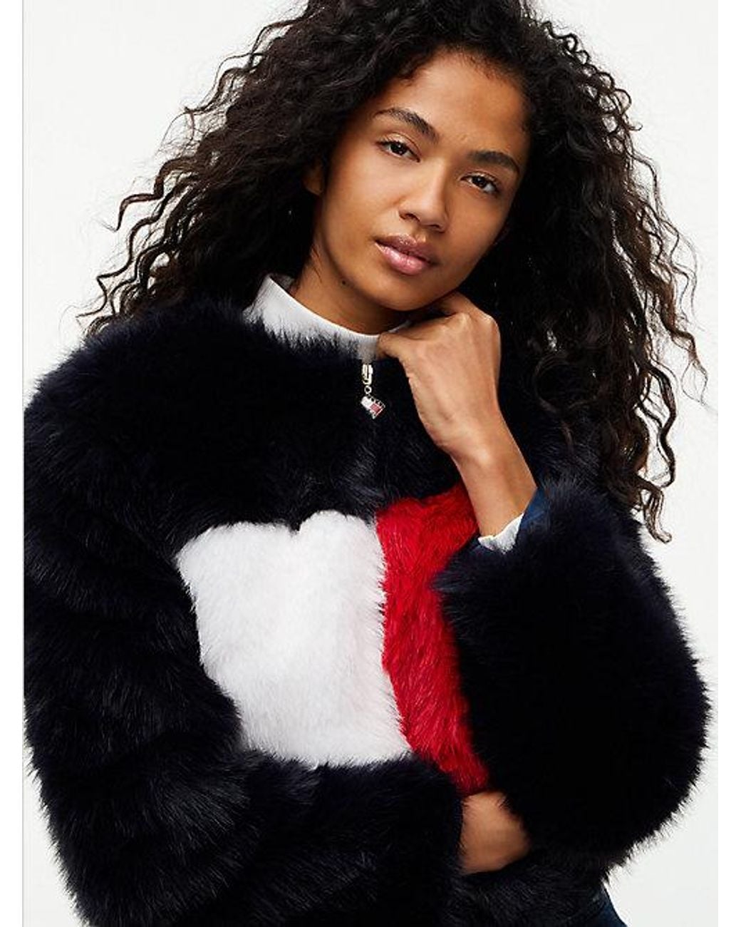Tommy Hilfiger Blue Tommy Jeans Tommy Flag Colour Blocked Faux Fur Jacket