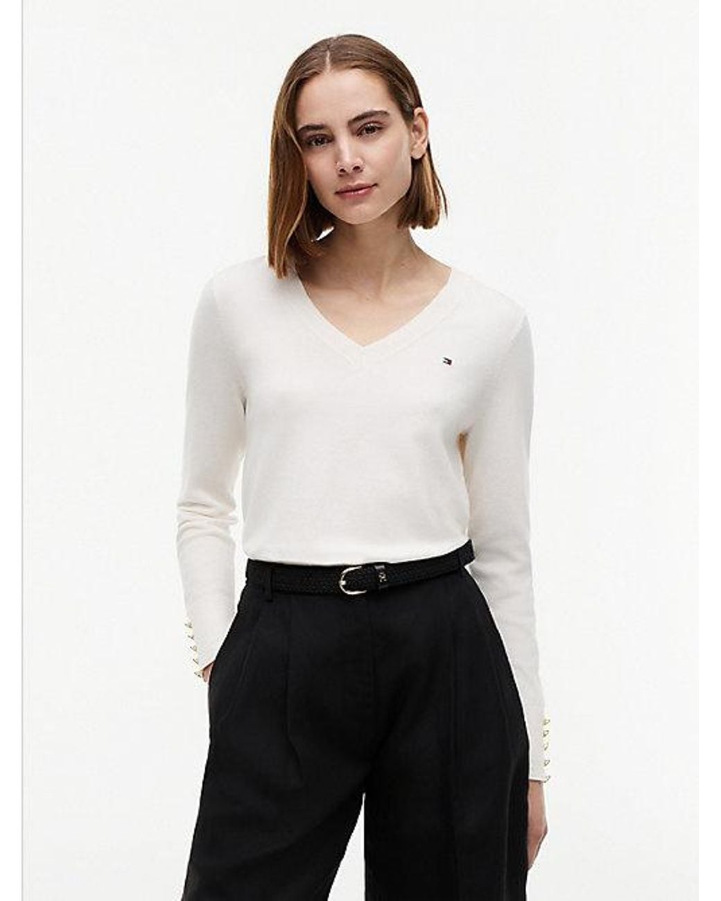 Tommy Hilfiger White Tone Button Cuff V-Neck Jumper