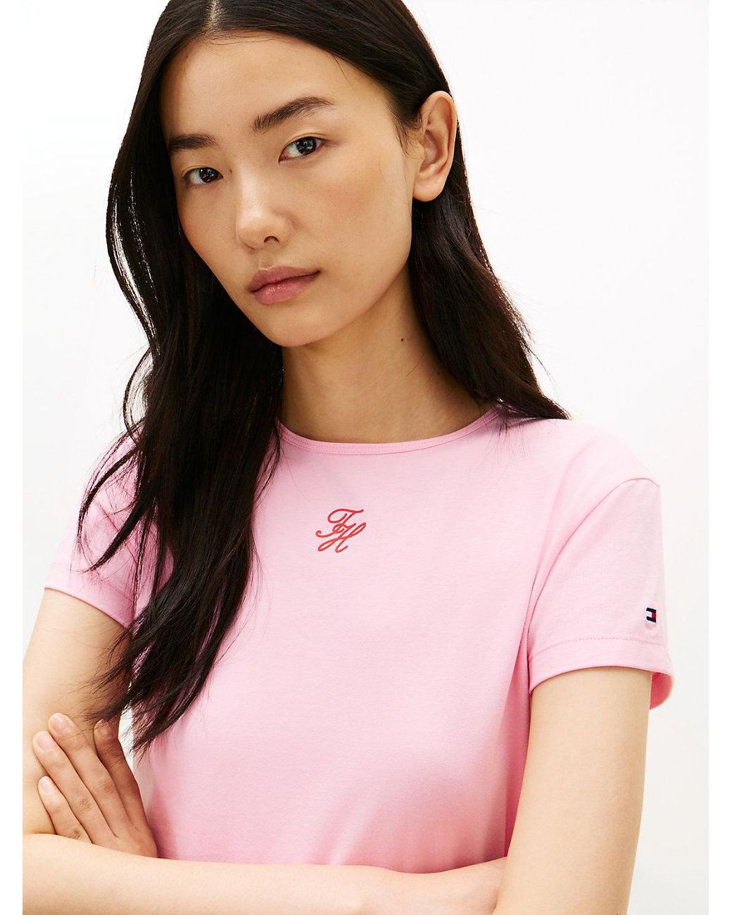 Tommy Hilfiger Pink Textured Logo Slim Jersey T-Shirt
