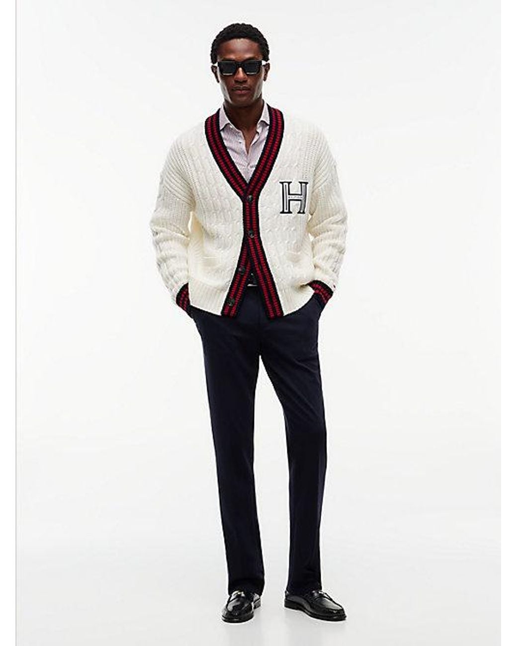 Tommy Hilfiger Natural Cable Knit Wool Blend Letterman Cardigan for men