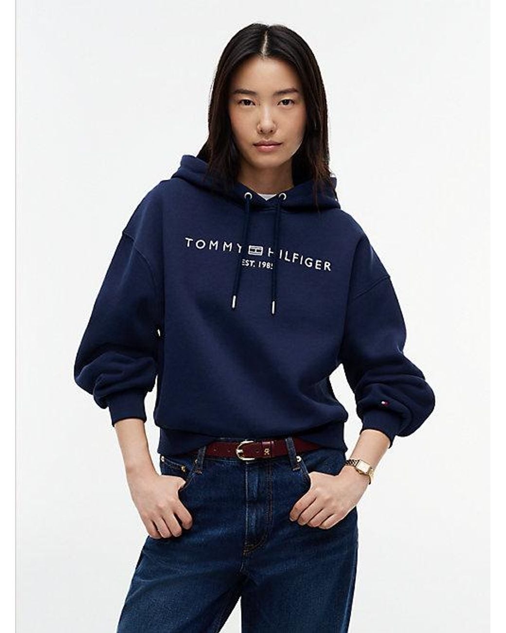 Tommy Hilfiger Blue Logo Fleece Relaxed Drawstring Hoody