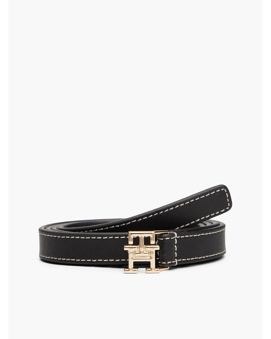 Tommy Hilfiger White Leather Th Monogram Plaque Buckle Belt