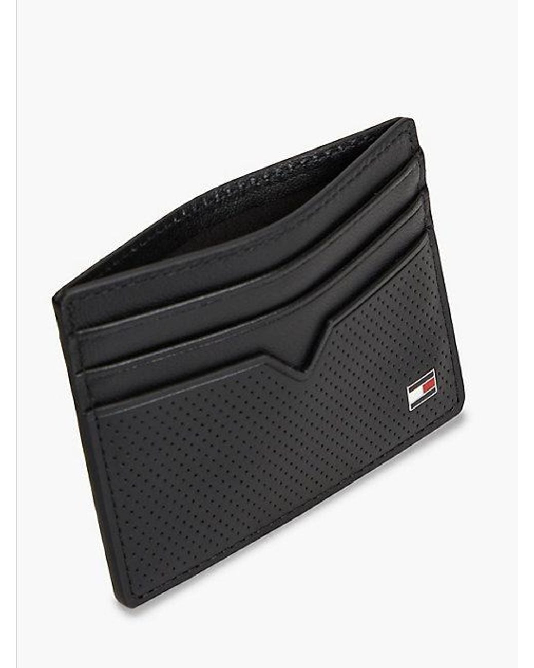 Tommy Hilfiger Black Perforated Leather Enamel Flag Card Holder for men