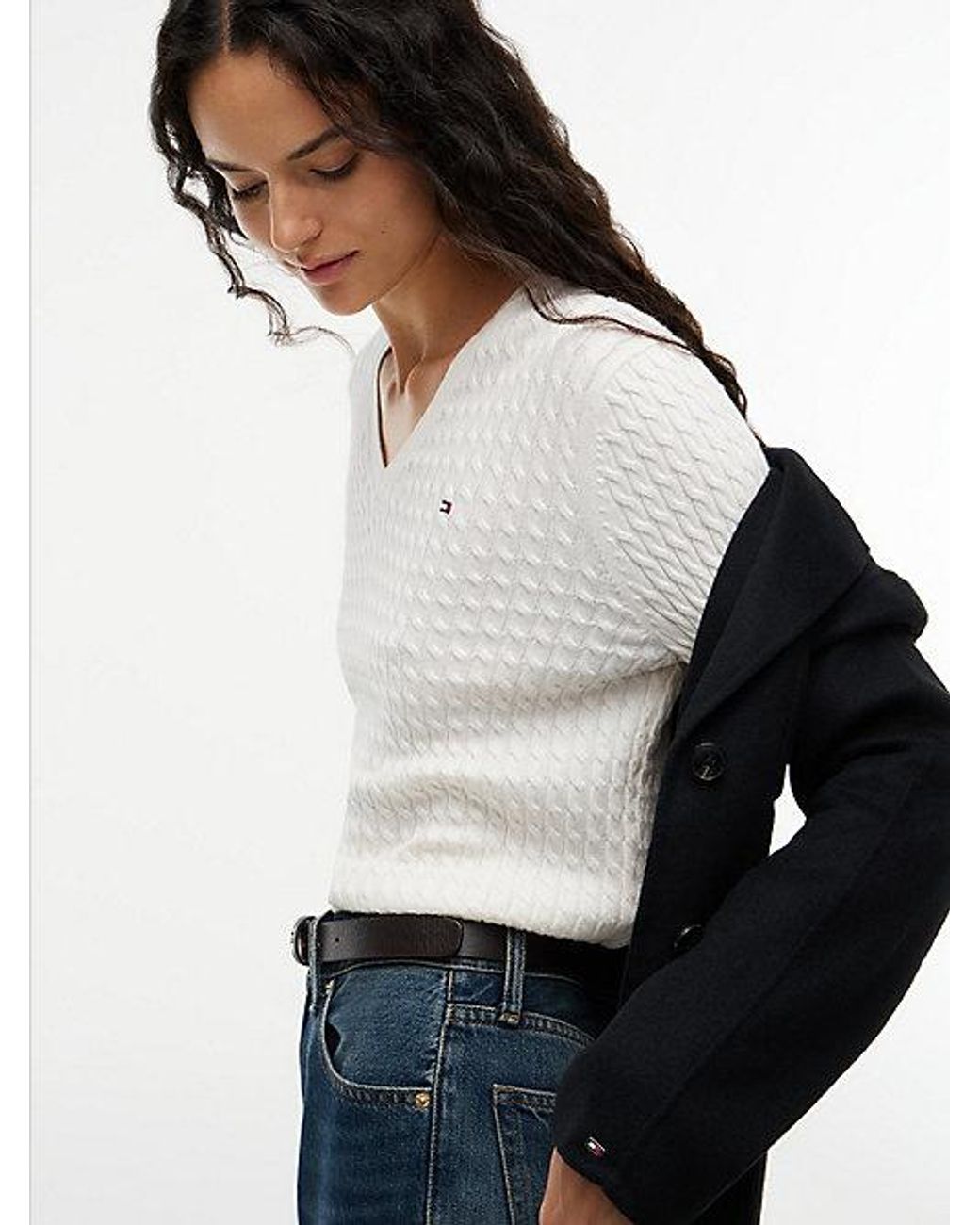 Tommy Hilfiger White Fine Cable Knit Slim Jumper