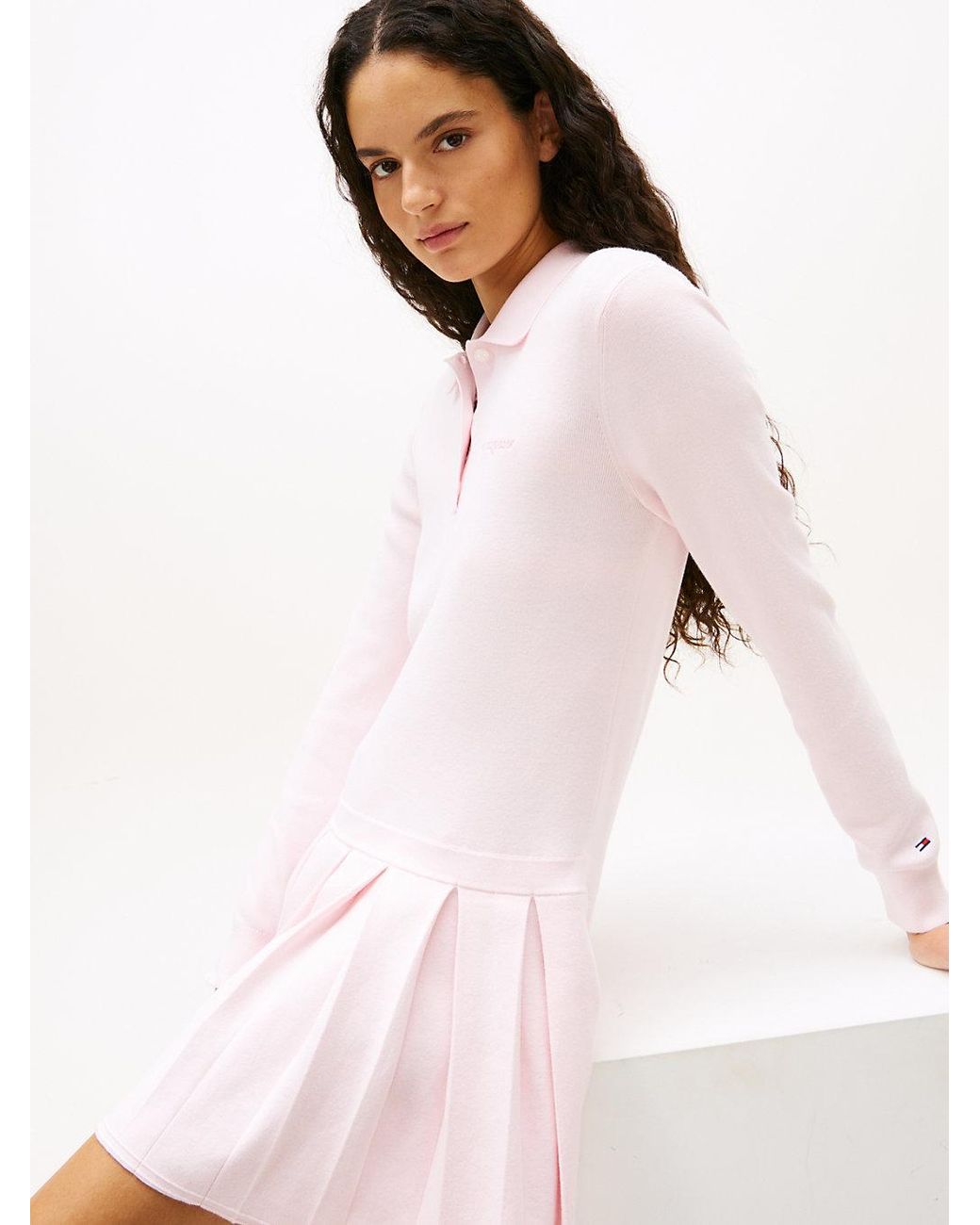 Tommy Hilfiger White Logo Embroidery Pleated Mini Jumper Dress