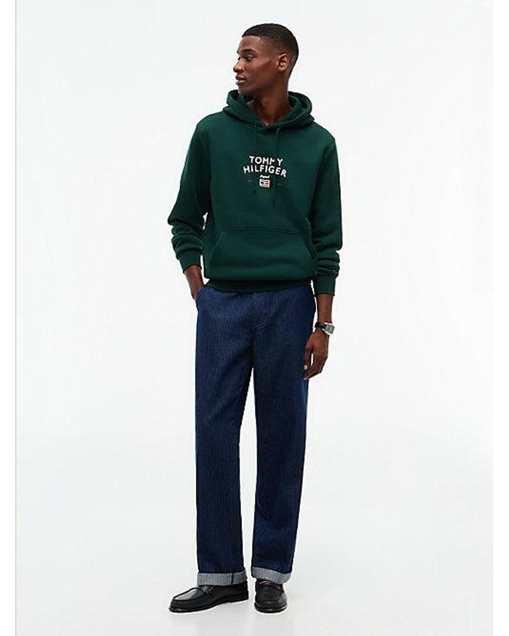 Tommy Hilfiger Green Arch Logo Fleece Drawstring Hoody for men