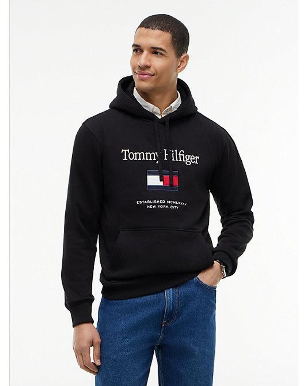 Tommy Hilfiger Blue Logo Embroidery Fleece Hoody for men