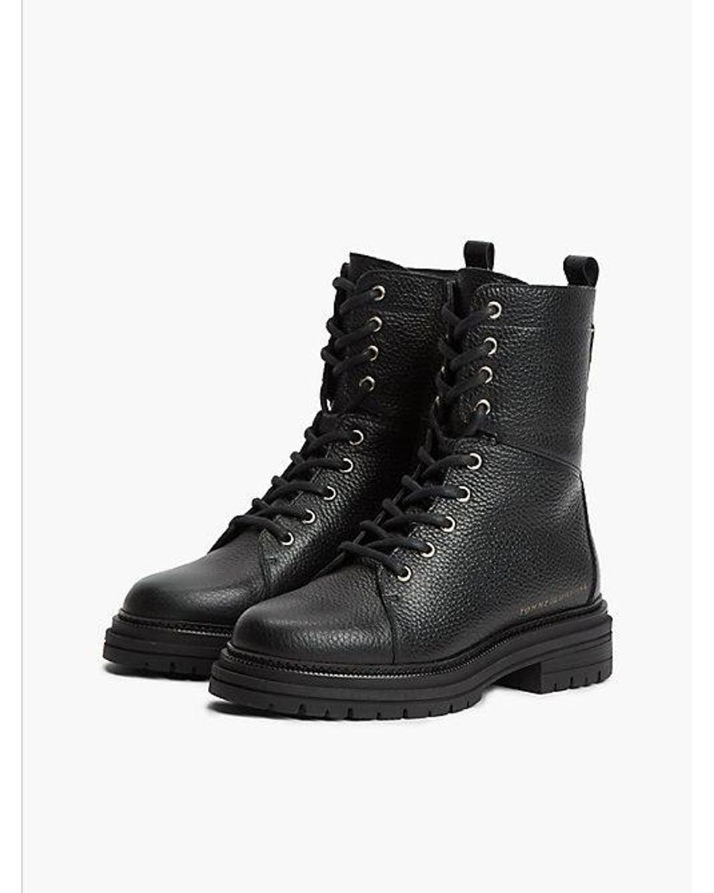 Tommy Hilfiger Black Pebble Grain Leather Cleat Lace Up Boots