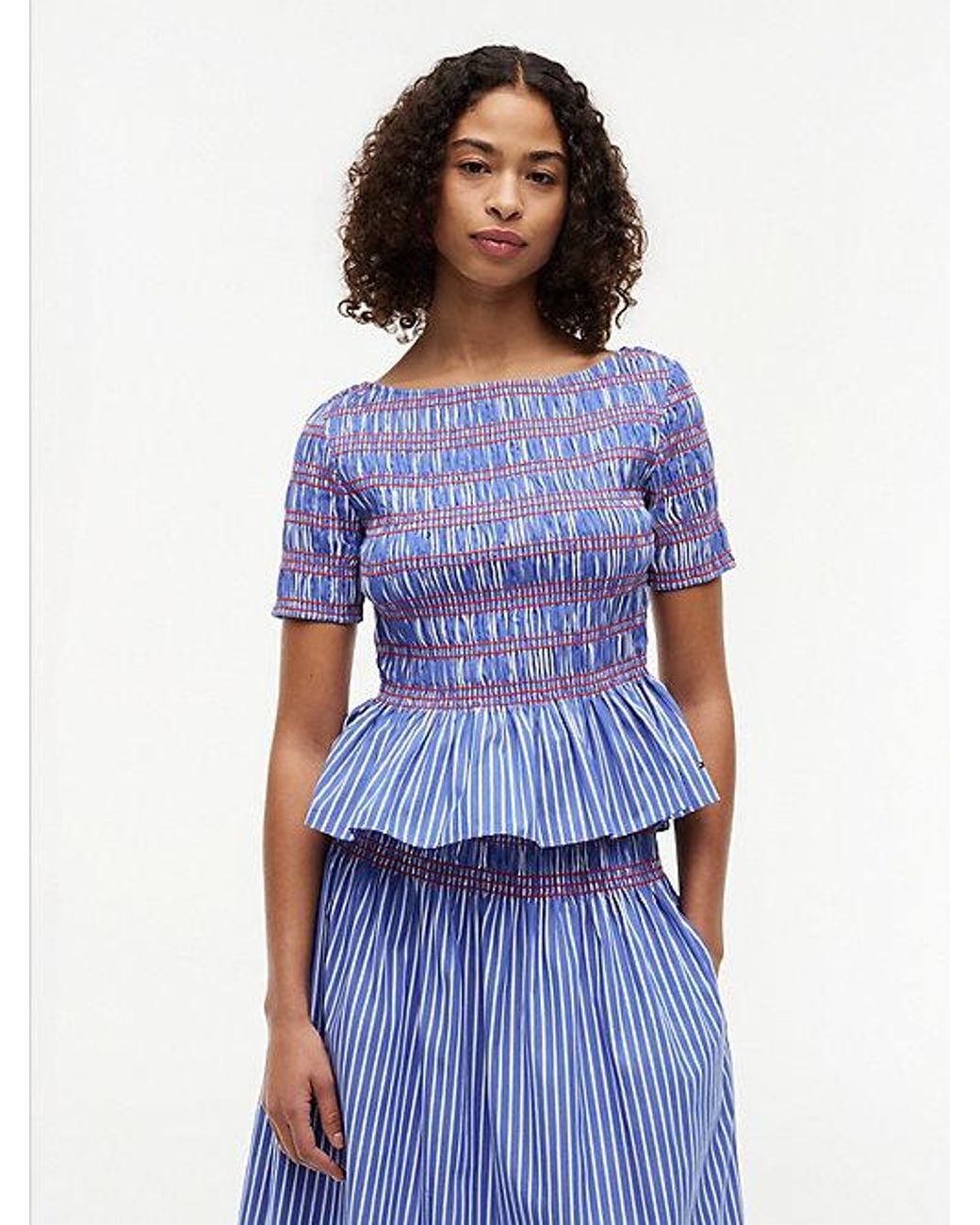 Tommy Hilfiger Blue Smock Stripe Ruffle Boat Neck Top