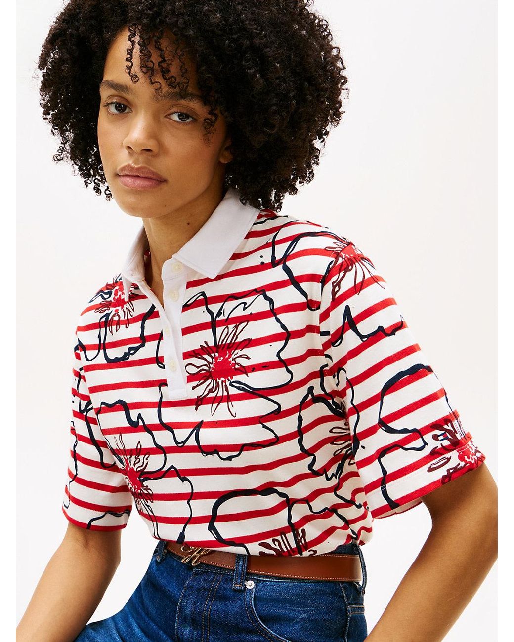 Tommy Hilfiger Red Relaxed Fit Floral Print Polo Shirt