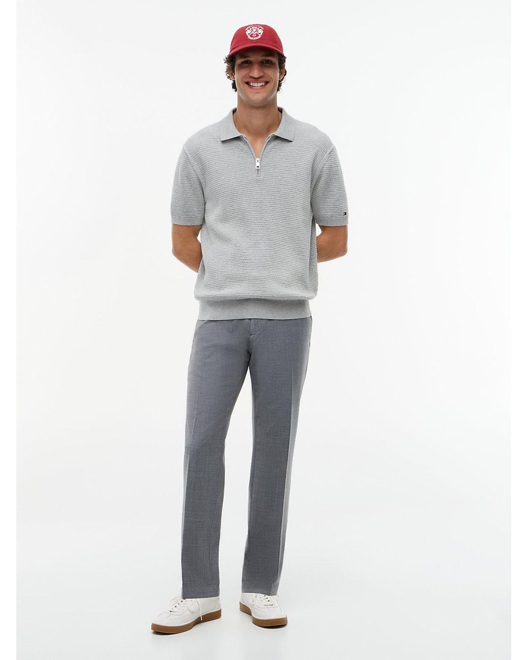 Tommy Hilfiger Gray Regular Fit Textured Knit Zip Polo Shirt for men