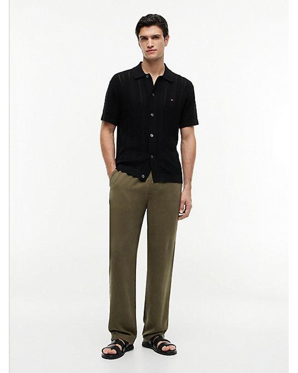 Tommy Hilfiger Black Relaxed Pointelle Short Sleeve Shirt With Linen for men