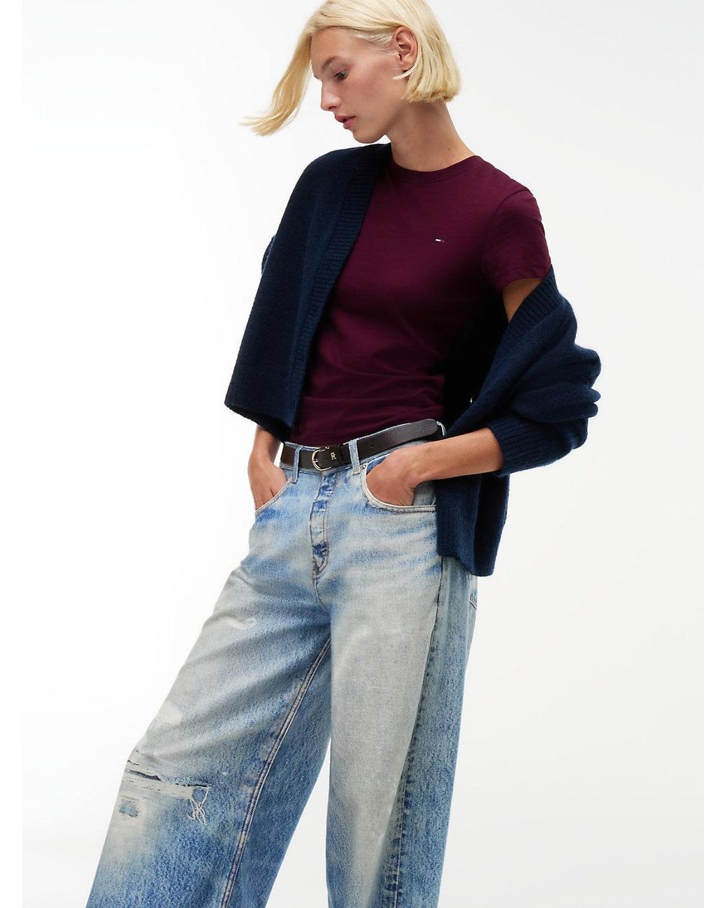 Tommy Hilfiger Blue Distressed Mid Rise Loose Wide Leg Jeans