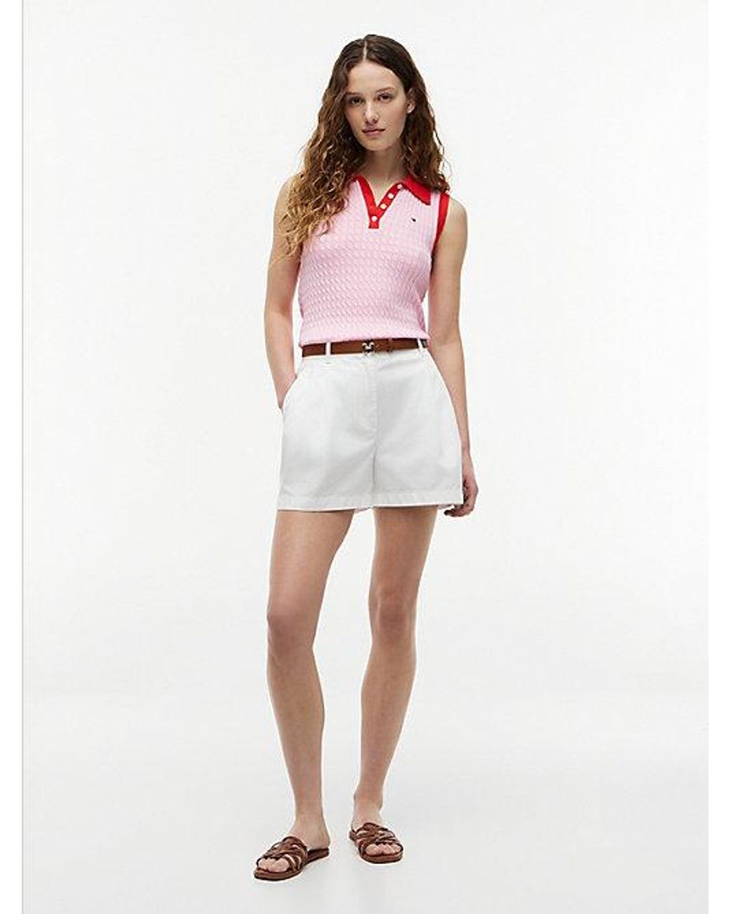 Tommy Hilfiger Red Cable Knit Slim Sleeveless Polo Jumper