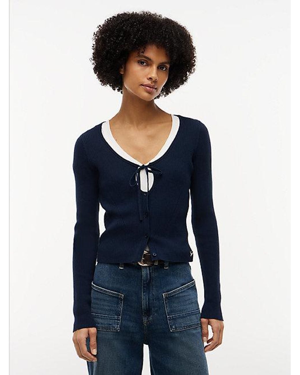 Tommy Hilfiger Blue Extra Slim Logo Tie Neck Cardigan