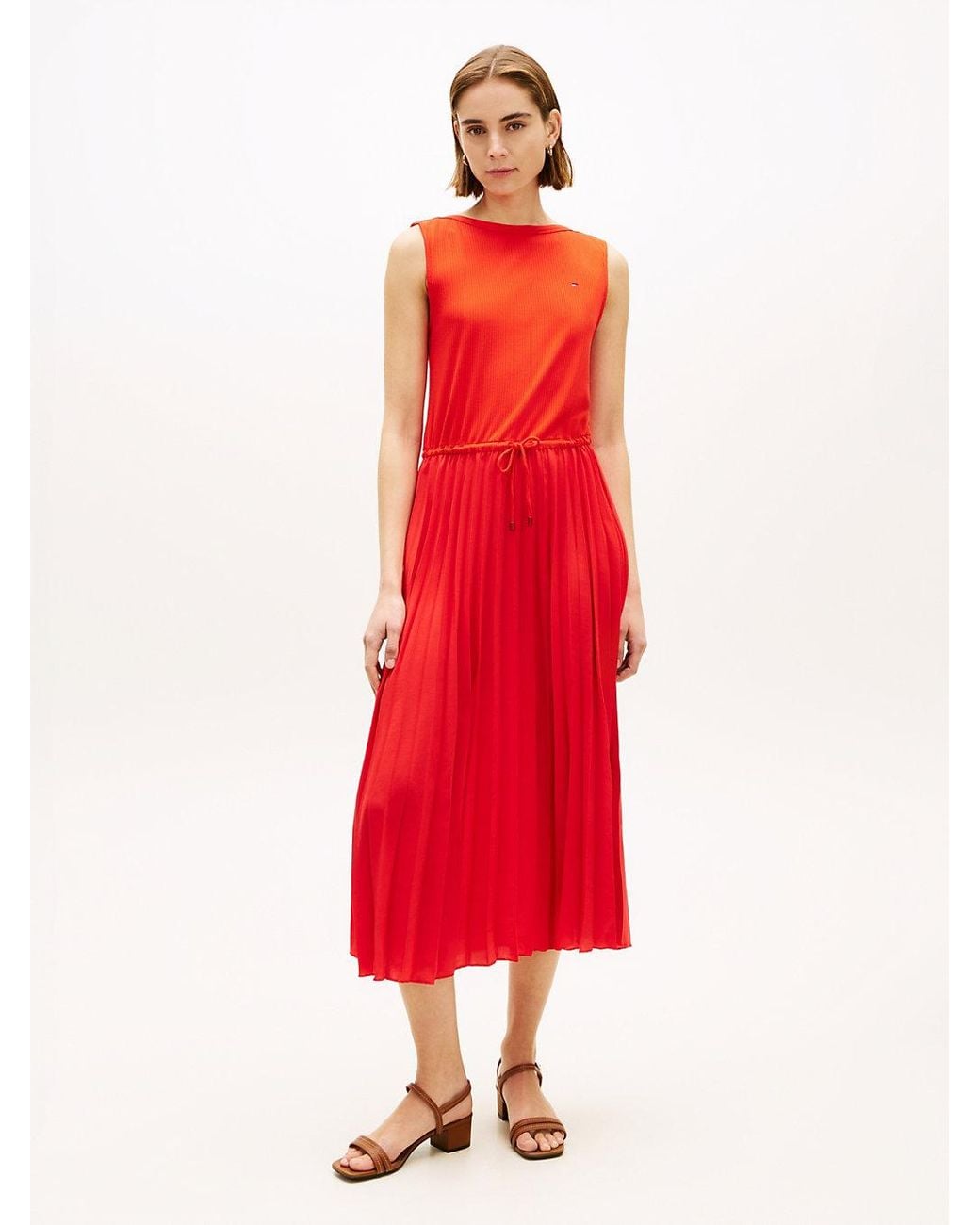 Tommy Hilfiger Red Pleated Sleeveless Slim Midi Dress