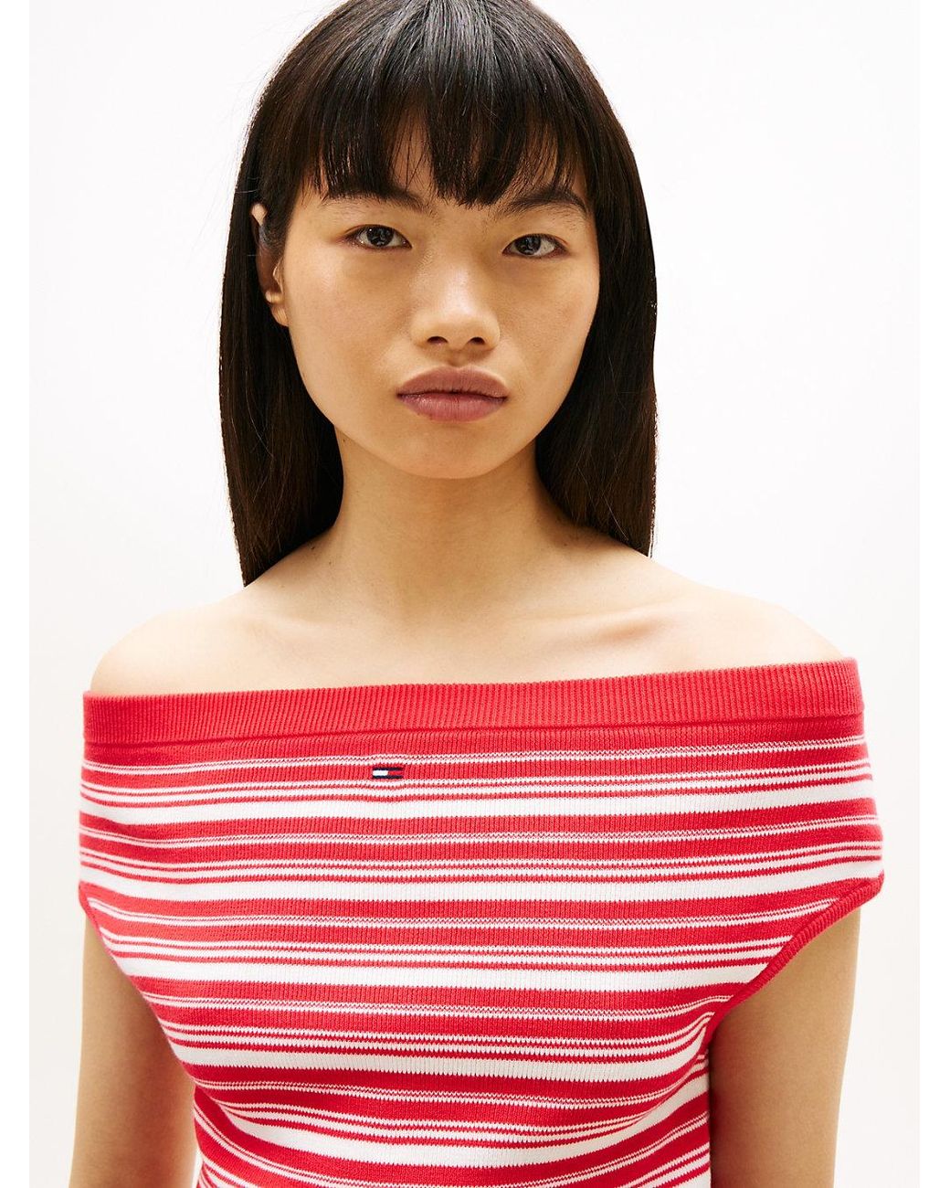 Tommy Hilfiger Red Stripe Off-the-shoulder Slim Jumper