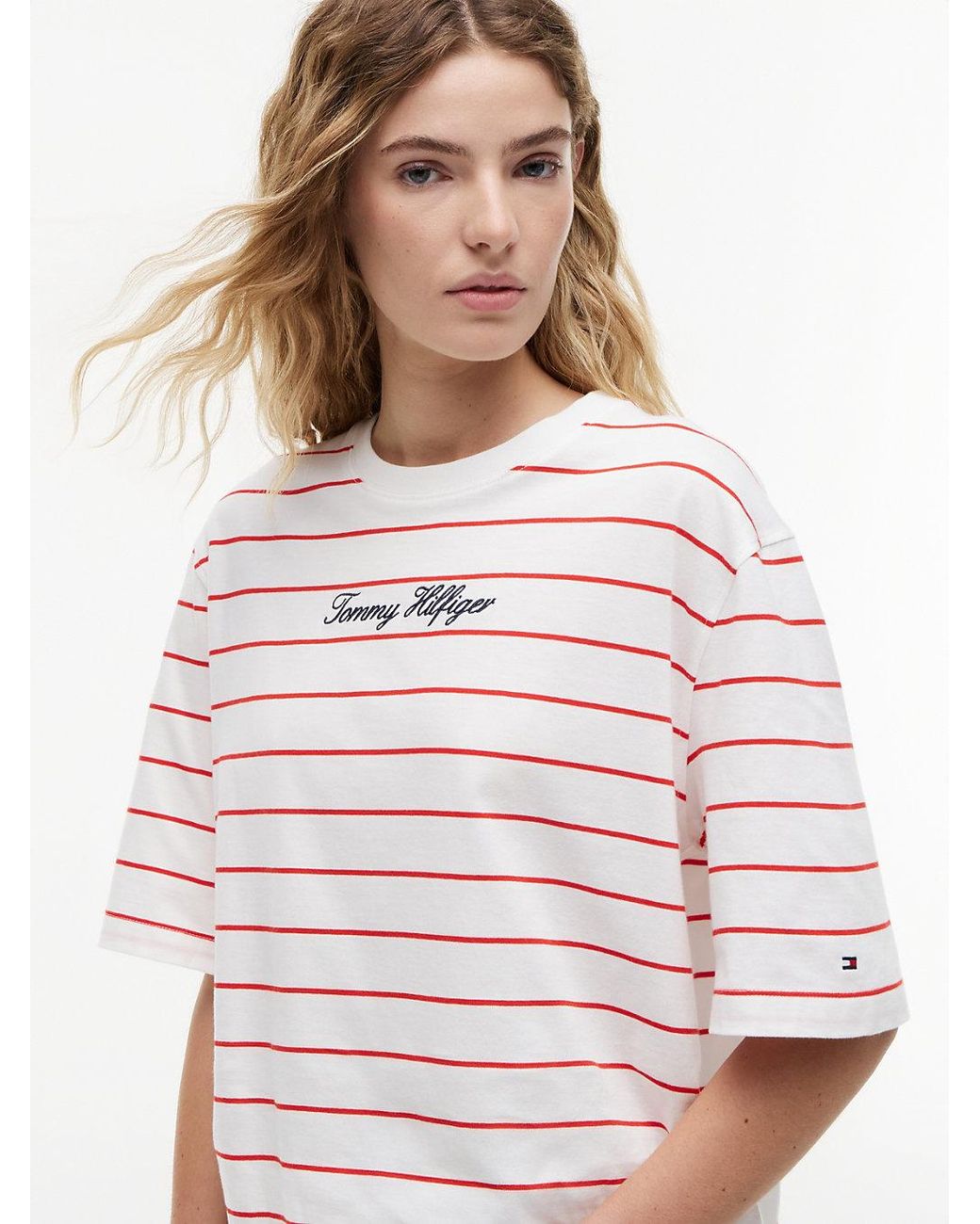 Tommy Hilfiger White Logo Embroidery Relaxed Crew Neck T-Shirt