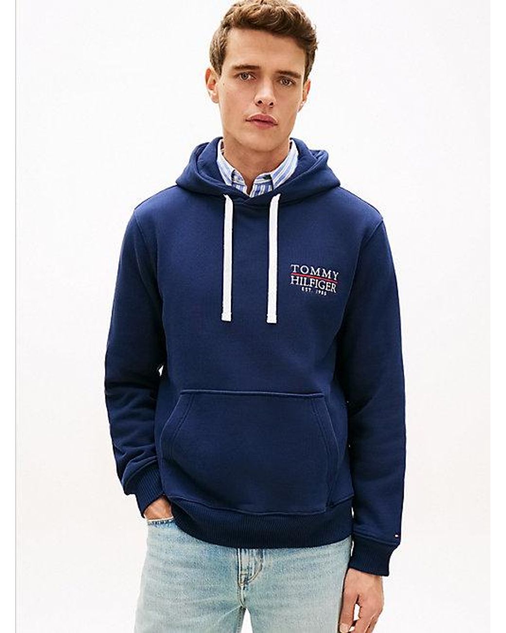 Tommy Hilfiger Blue Heritage Logo Embroidery Drawstring Hoody for men