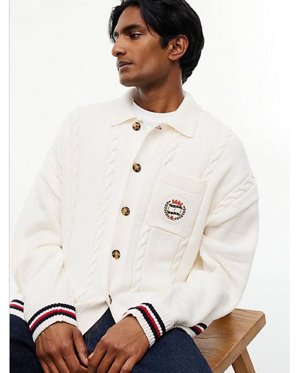 Tommy Hilfiger White Tommy Jeans Cable Knit Polo Collar Relaxed Cardigan for men