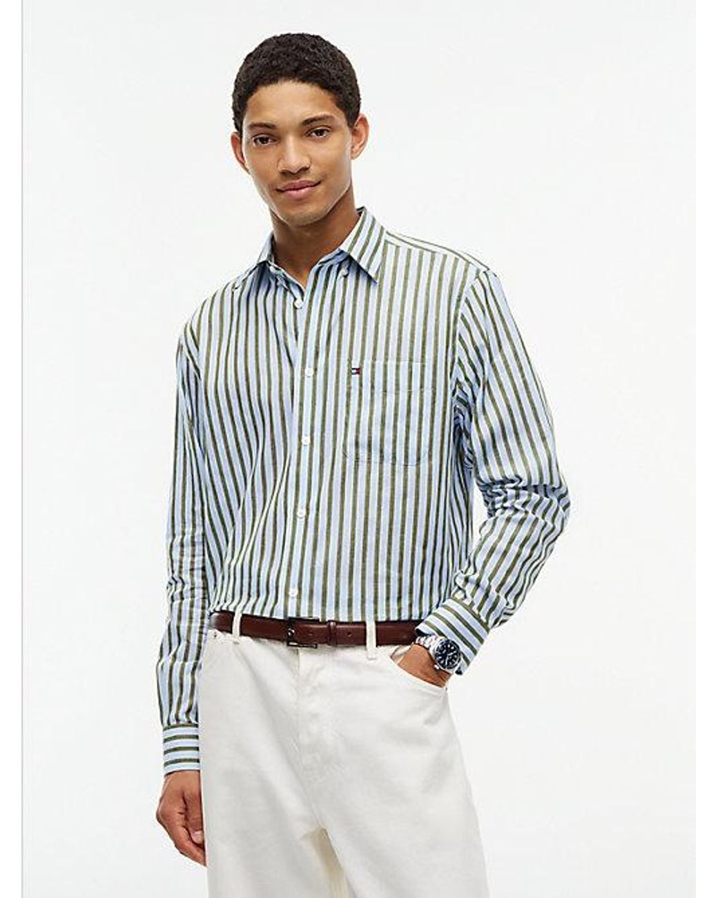 Tommy Hilfiger Blue Relaxed Fit Linen Blend Stripe Shirt for men