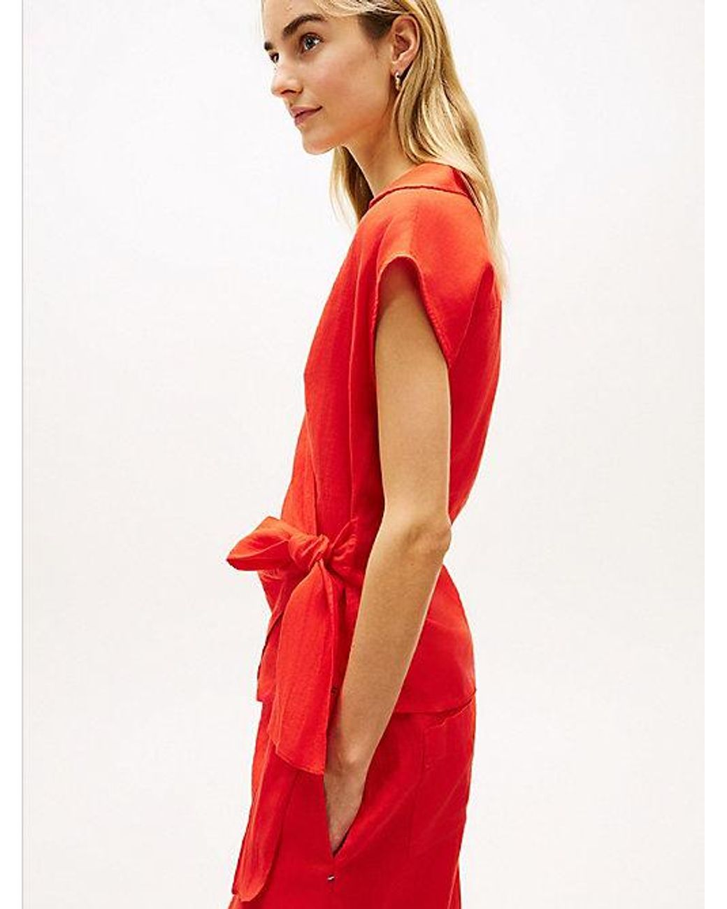 Tommy Hilfiger Red Pure Linen Wrap Knot Sleeveless Blouse