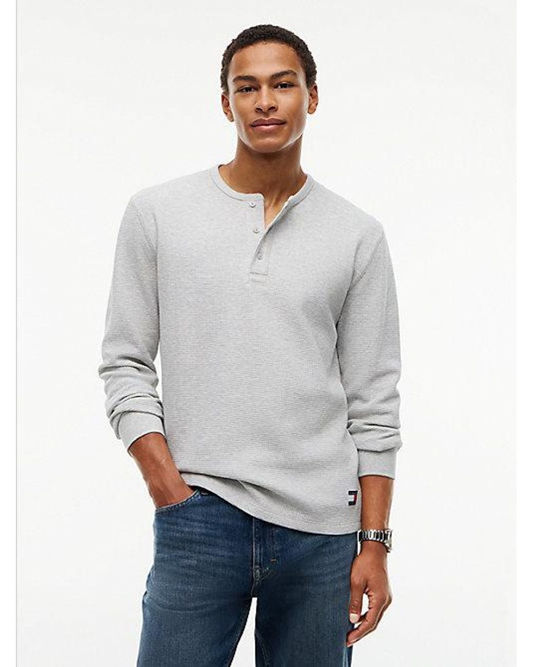 Tommy Hilfiger Gray Tommy Jeans Washed Waffle Knit Henley Long Sleeve T-Shirt for men