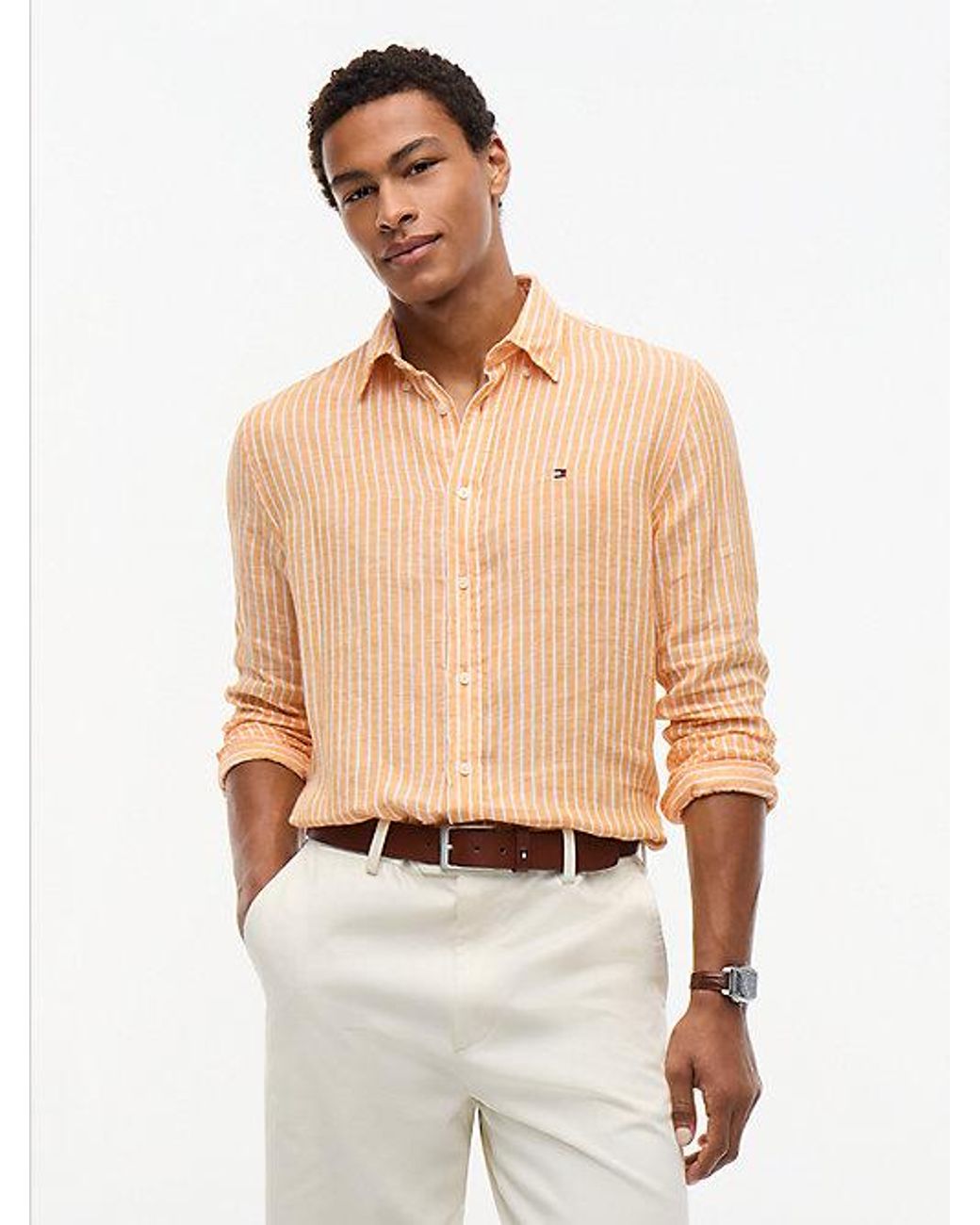 Tommy Hilfiger White Regular Fit Bengal Stripe Pure Linen Shirt for men