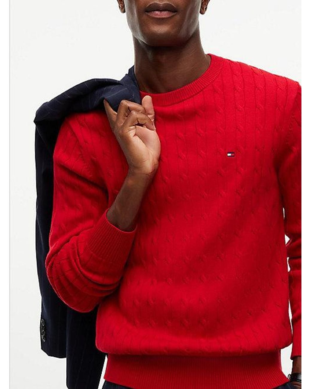Tommy Hilfiger Red Cable Knit Crew Neck Jumper for men